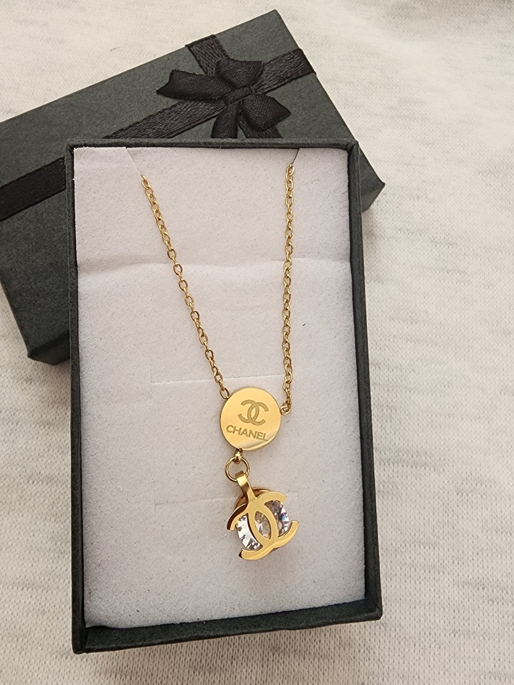 Stainless Steel Gold-Tone Double Pendant Necklace with Crystal CC Charm
